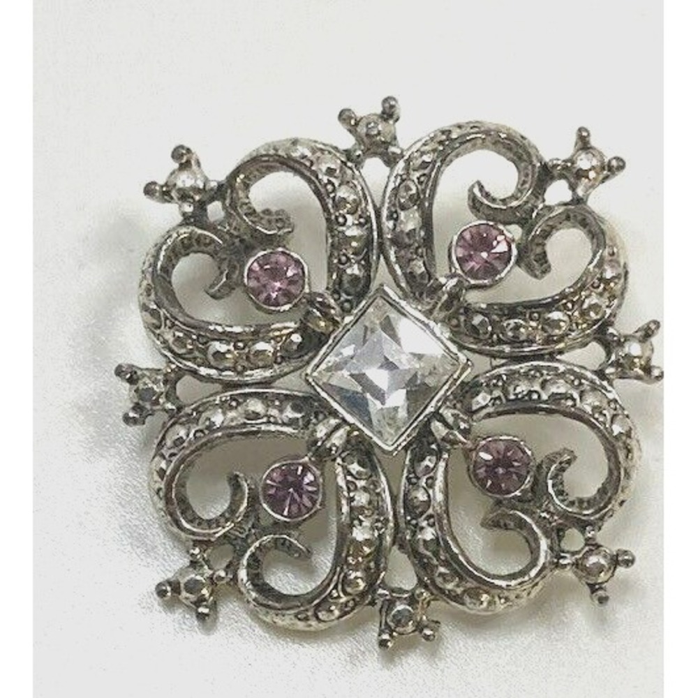 Vintage Silver Tone Rhinestones Regal Brooch Pin Clear and Purple Stones 1 inch‎